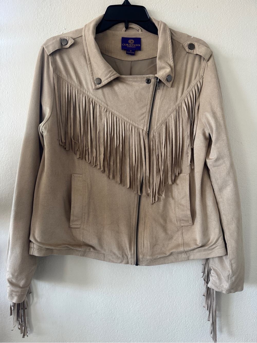Claiborne Tan Fringe Suede-Style Moto Jacket